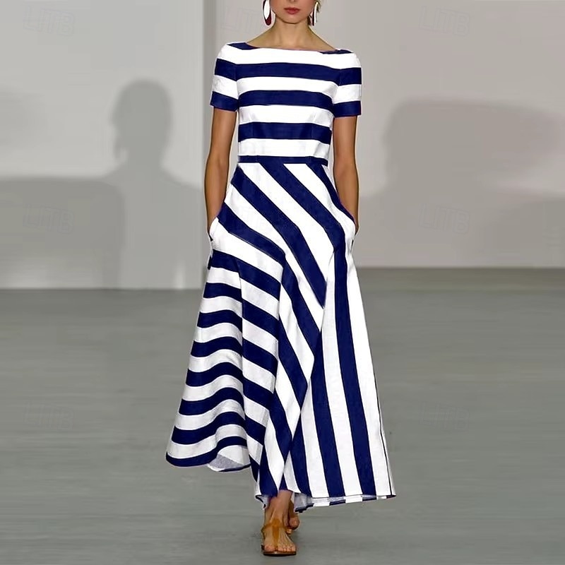 Women's Long Dress Maxi Dress Casual Dress Swing Dress Fashion Outdoor Party Holiday Regular Fit Striped Short Sleeve Off Shoulder Black Red Blue Summer2