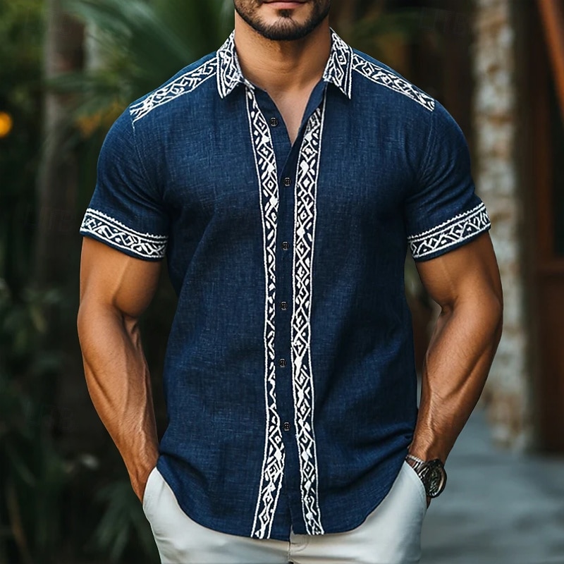 Men's Linen Shirt Summer Shirt Beach Wear Button Up Shirt Ethnic Shirt Vacation Street Black Navy Blue Gray Short Sleeve Turndown Summer Spring Clothing Apparel