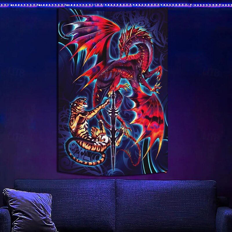 Ruth Thompson Blacklight Tapestry Glow in the Dark Glow Party UV Reactive Trippy Misty Hanging Tapestry Wall Art Mural for Living Room Bedroom Dragonblade Tigerblade HIGH REZ2