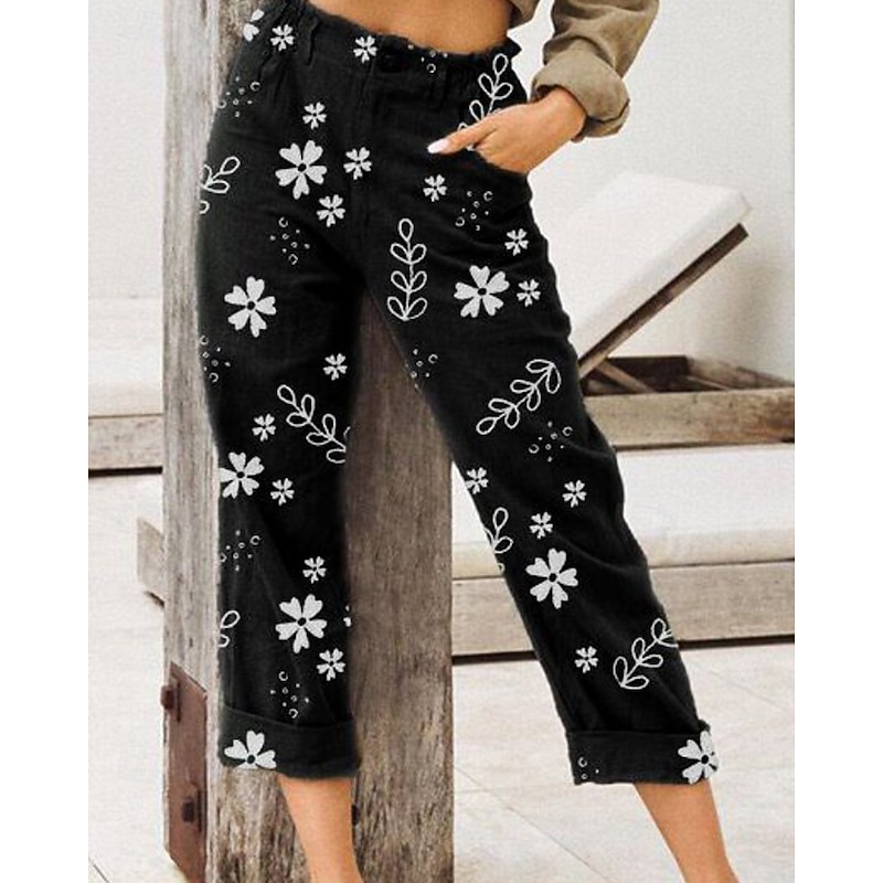 Women's Cotton Linen Pants Fashion Streetwear Full Length Natural Flower Pocket Elastic Waist Printing Comfy Outdoor Comfortable Vacation Street Black Pink Blue Khaki Summer Regular Fit2