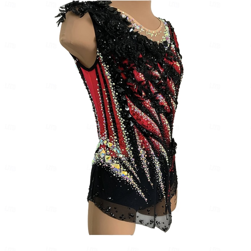 Rhythmic Gymnastics Leotard Women's Girls' Ice Skating Gymnastics Leotard Black Thumbhole Halo Dyeing High Elasticity Professional Competition Skating Wear Crystal / Rhinestone Sleeveless Ice Skating Figure2