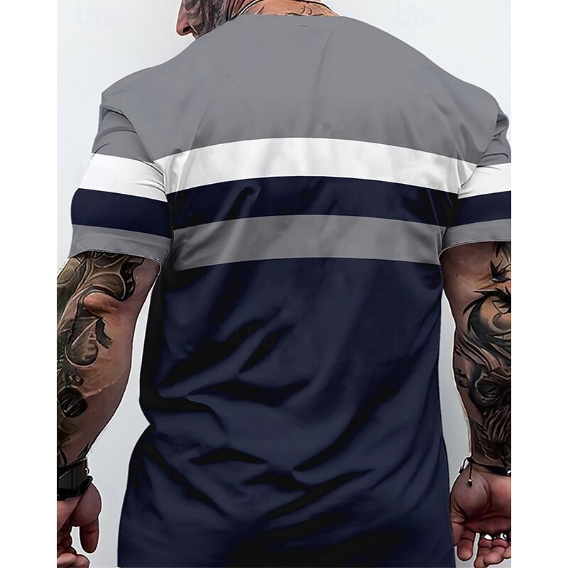 Men's T Shirt Tee Short Sleeve Shirt Tee Top Short Sleeve Crew Neck Summer Striped Fashion Designer Basic Print Vacation Street Going out Navy Blue Gray Top Tee for Men2
