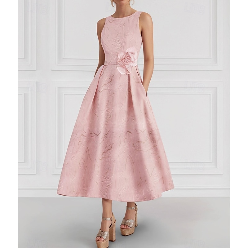 Jacquard Dress 2 Pieces Mother of the Bride A-Line Cocktail Dresses Elegant Dress Formal Semi Formal Dress Wedding Tea Length Sleeveless Square Neck Stretch Crepe with Jacket3