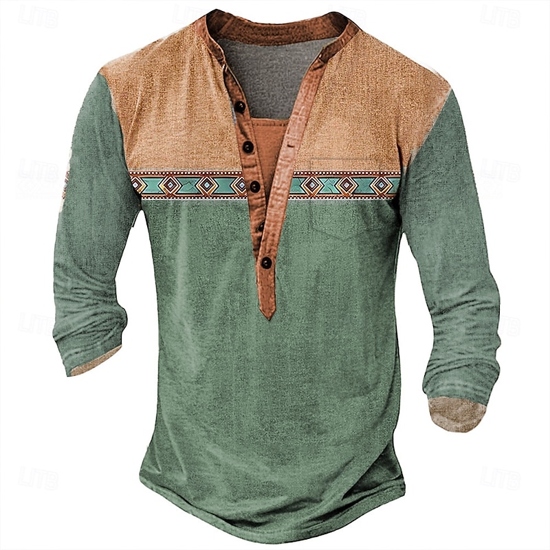Men's Ethnic Henley Shirt Tee Long Sleeve Ethnic Casual Summer Spring Lake blue Black Light Green Navy Blue Henley Henley T-Shirt