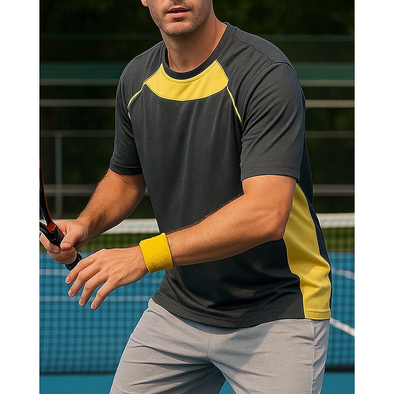 Men's Patchwork Sport Shirt Tennis Shirt Tennis Tee Short Sleeves Sweat-Wicking Moisture Wicking Breathable Tennis Golf Pickleball Crew Neck Yellow Light Grey Purple Tennis Clothing4