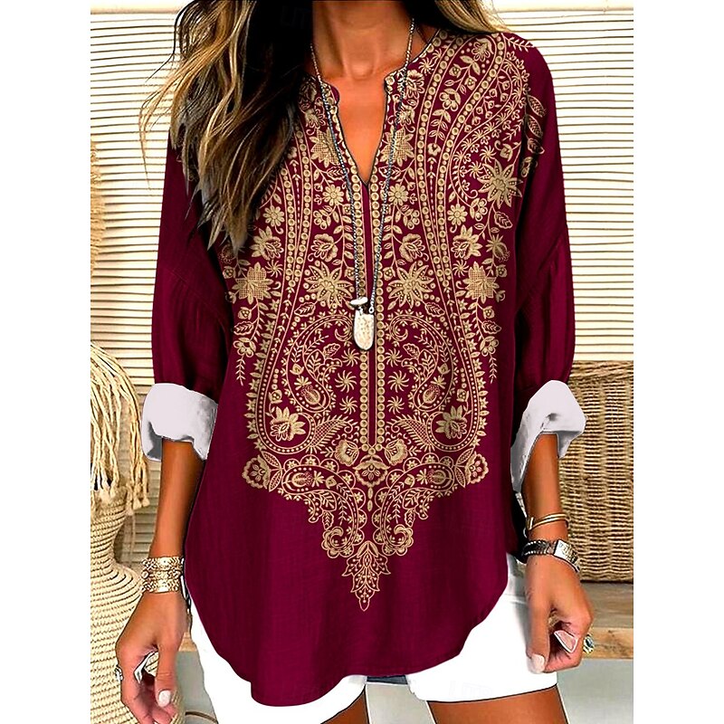 Women's Blouse Tunic V Neck Long Sleeve Boho Casual Tops Floral Graphic Bohemia Basic Long Tops Daily Buttons Print Black Red Green Spring, Fall, Winter, Summer