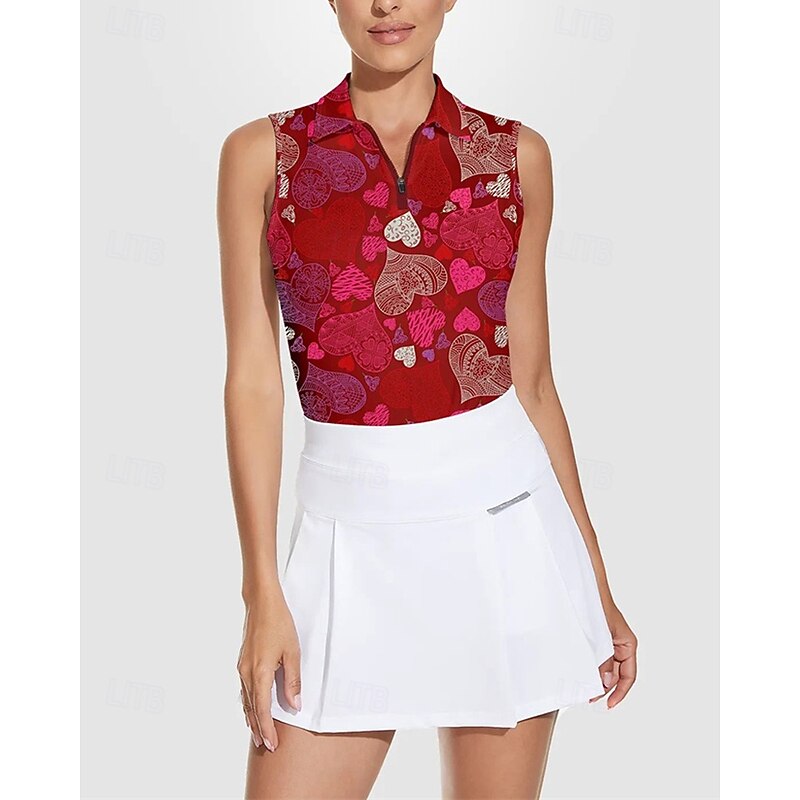 Women's Heart Tennis Shirt Sleeveless Print UPF50+ Quick Dry Tennis Golf Badminton Zip Collar Tee Tshirt Top Red Tennis Clothing