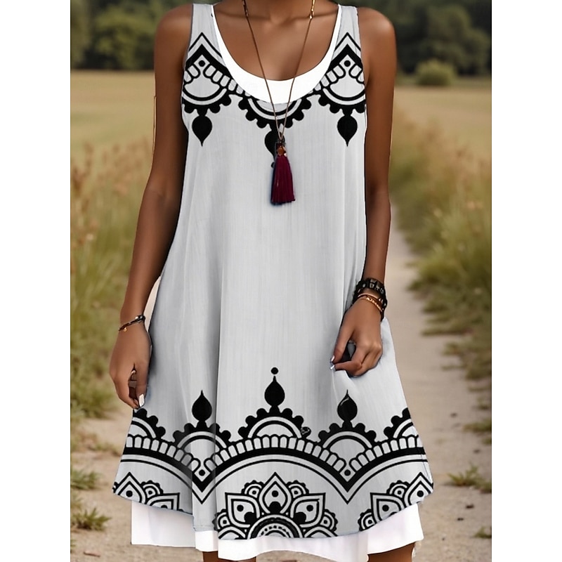 Women's Midi Dress Tank Dress Fashion Classic Outdoor Daily Weekend Regular Fit Graphic Geometric Sleeveless Crew Neck Black And White Summer Spring Fall