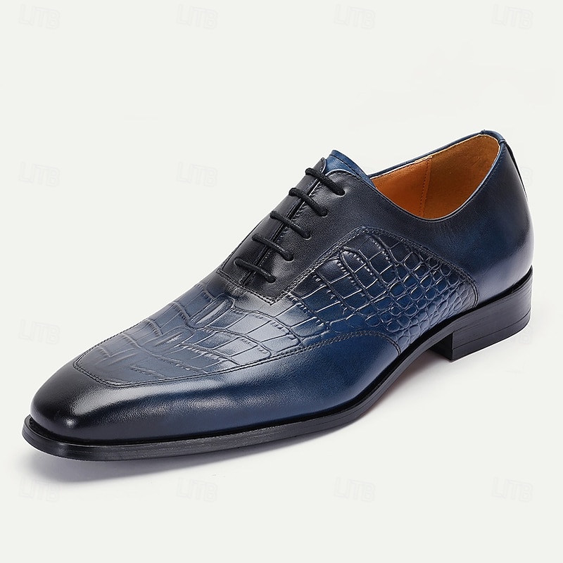 Men's Premium Navy Blue Crocodile Leather Lace-Up Dress Shoes for Exclusive Weddings, Galas and Formal Occasions2
