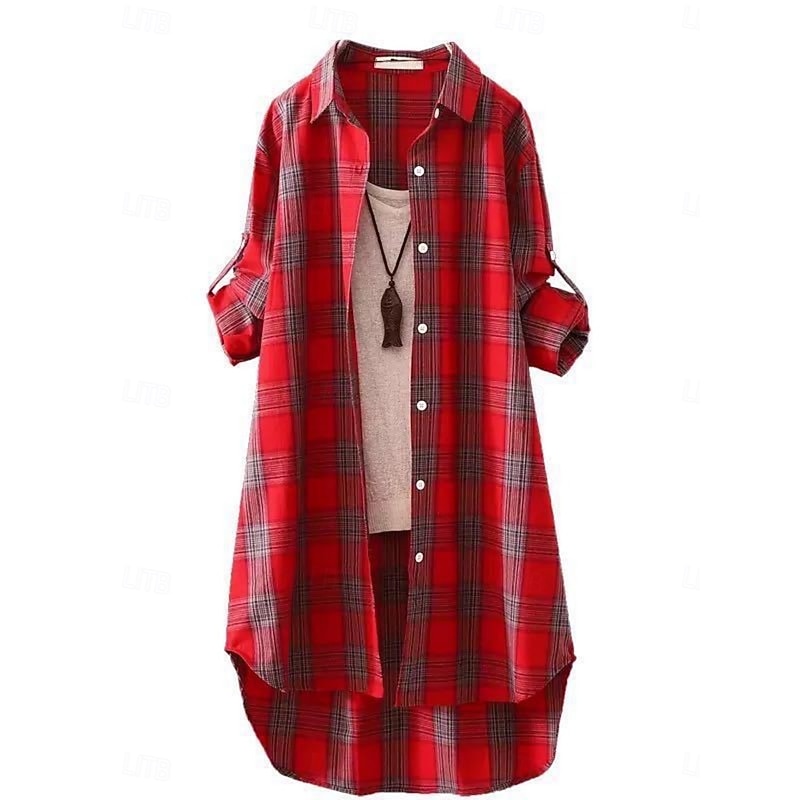 Women's Cotton Linen Shirt Plaid Basic Casual Long Sleeve Shirt Collar Regular Tops Daily Buttons Pocket Print Yellow Red Green Summer2