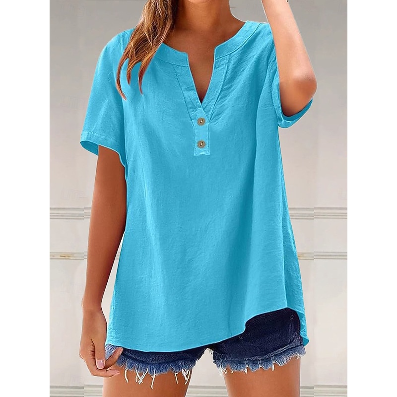 Women's Blouse Solid Color Plain Vintage Stylish Casual Short Sleeve V Neck Notched Neck Regular Tops Daily Holiday Buttons Light Green Blue Brown Gray Light Blue Summer Spring - Main Image