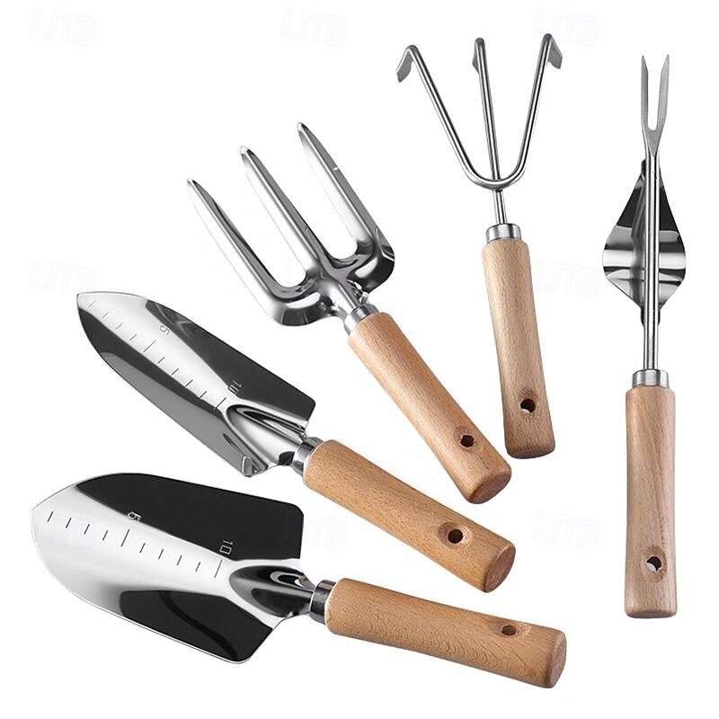 5pcs Garden Tool Set Stainless Steel, Heavy Duty Hand Gardening Kit with Shovel, Rake, Weeder, Trowel, Portable Storage