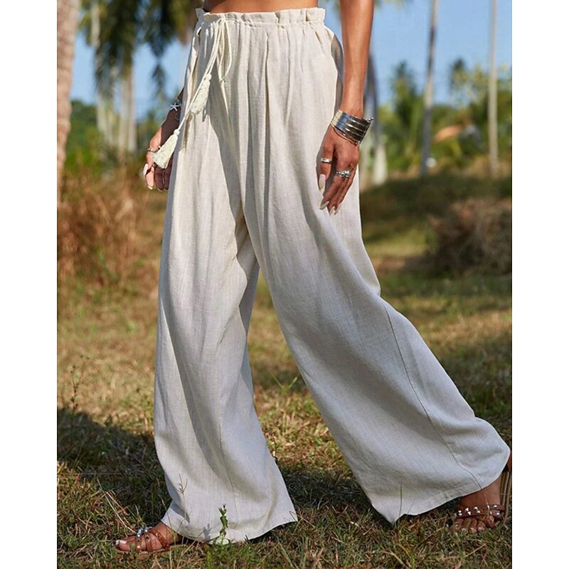 Women's Cotton Linen Pants Slacks Streetwear Casual Full Length Natural Plain Pocket Elastic Drawstring Design Comfy Outdoor Vacation Going out Orange Beige Summer Regular Fit4