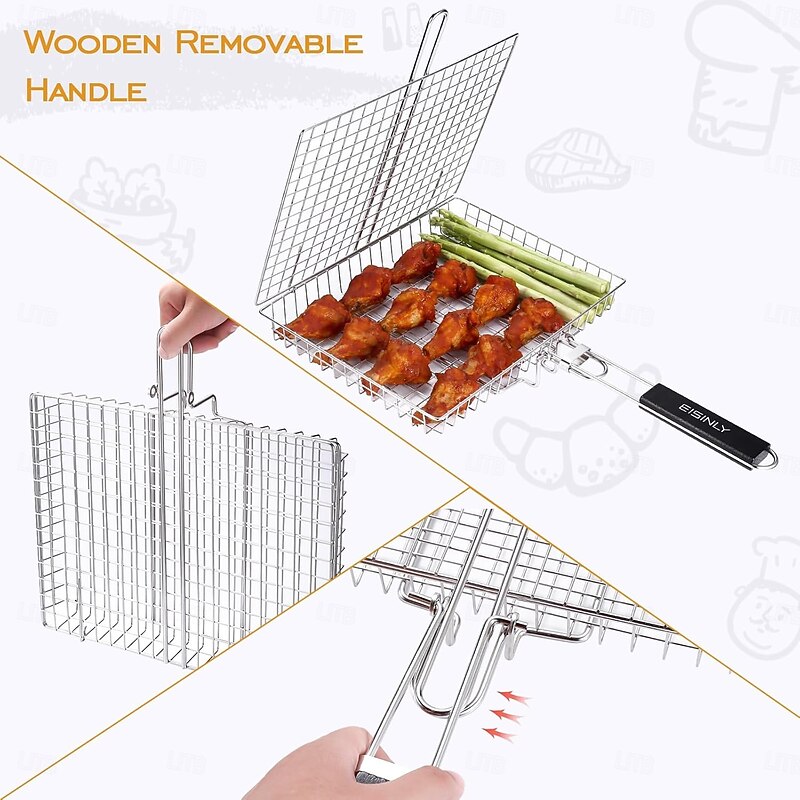 Barbecue BBQ Grill Basket with Handle Stainless Steel Grilling Basket Outdoor Camping BBQ Rack for Fish, Shrimp, Vegetables2