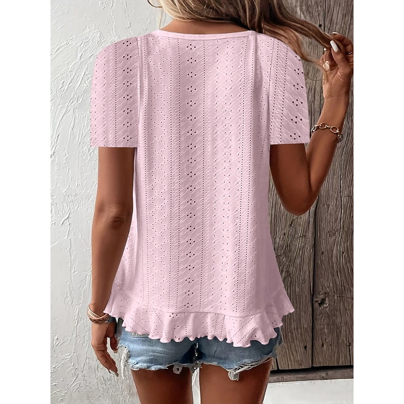 Women's T Shirt Solid Color Plain Basic Casual Short Sleeve Crew Neck Regular Tops Daily Weekend Ruffle Eyelet White Yellow Pink Green Summer3