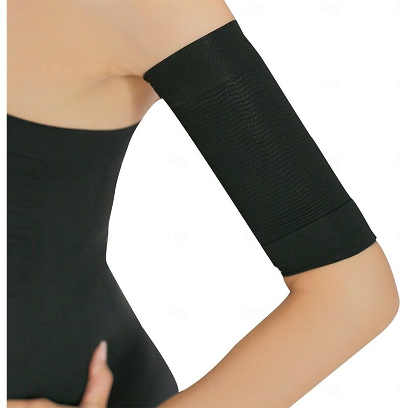 2 Pair Beauty Women Weight Loss Calories Slimming Arm Shaper Massager Lose Buster Wrap Belt Slimming Compression Arm Shaper Helps Tone Shape Upper Arms Sleeve, Black + Flesh Color4