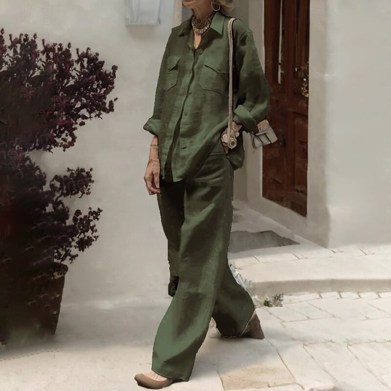 Women's Active Shirt Cotton Linen Shirts Blouse Long Sleeve Shirt Collar Solid Color Dubbele Rij Knopen Vacation Date White Pink Wine Summer Regular Fit4