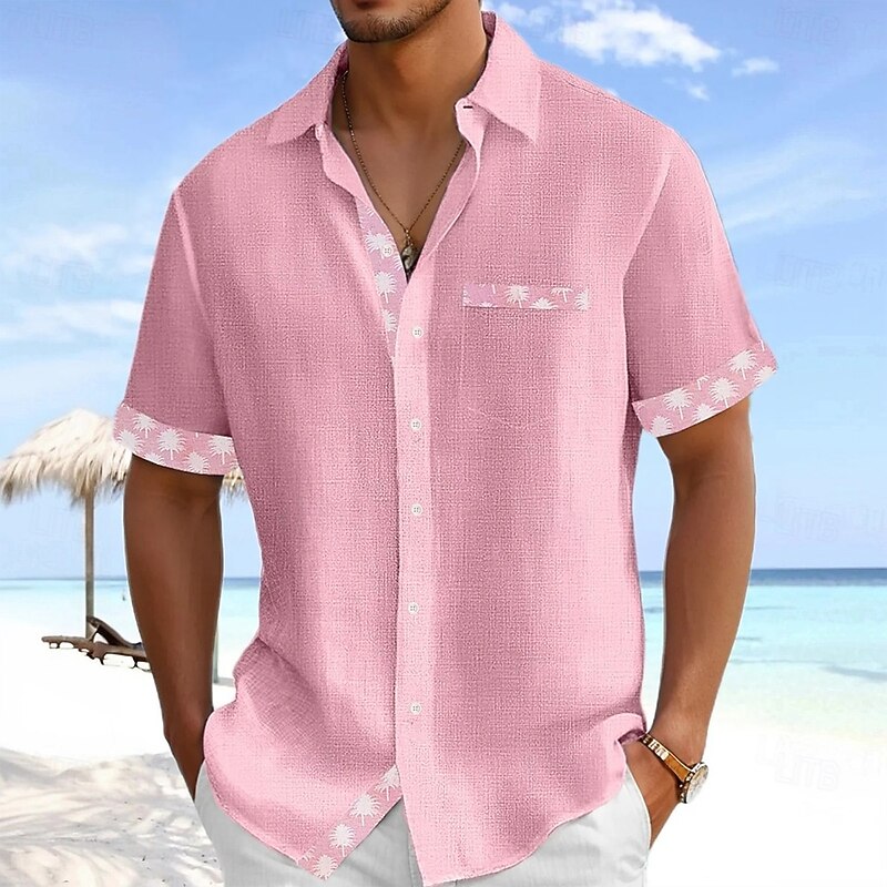 Men's Coconut Tree Tropical Plants Summer Hawaiian Shirt Button Up Shirt Aloha Shirt Short Sleeve Hawaiian Vacation Holiday Beach Wear Summer Turndown 3D Print Front One Pocket Linen Like Shirt Pink3