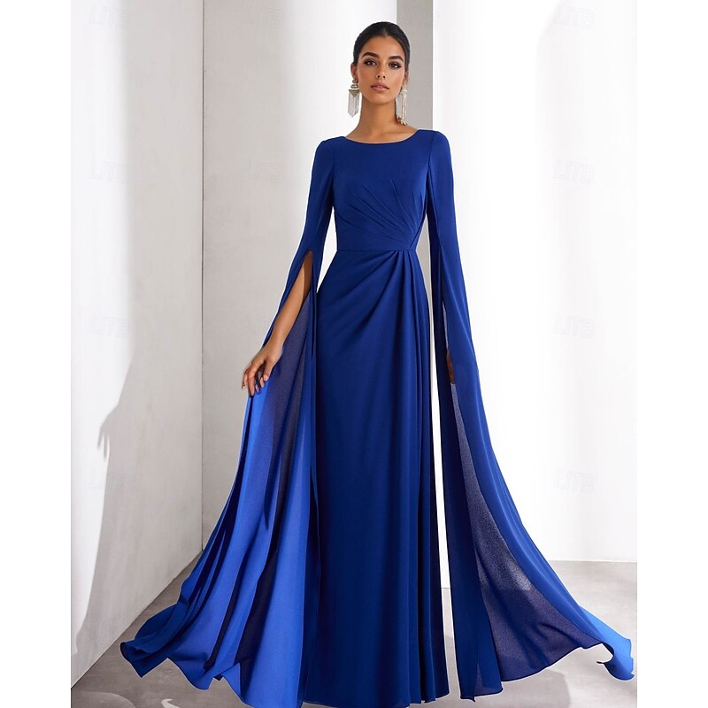 Chiffon A-Line Evening Gown Elegant Dress Formal Wedding Guest Floor Length Long Sleeve Boat Neck with Ruched