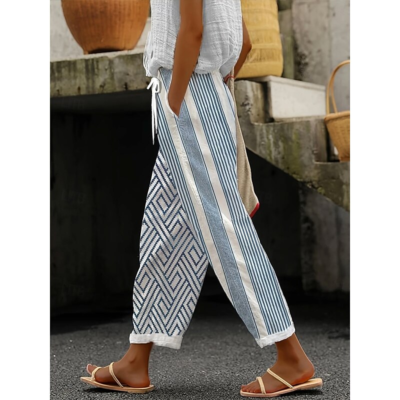 Women's Skinny Elegant Vacation Vintage Full Length High Waist Graphic Striped Geometric Pattern Printing Soft Breathable Micro-elastic Outdoor Daily Light Blue Light Blue-White Light Green Summer2