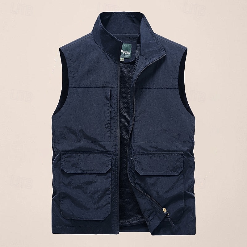 Men's Fishing Vest Sleeveless Vest Outdoor Modern Contemporary All Seasons Multi Pocket Chinlon Outdoor Solid / Plain Color Zipper Standing Collar Standard Fit Black ash-colored khaki Army Green Vest
