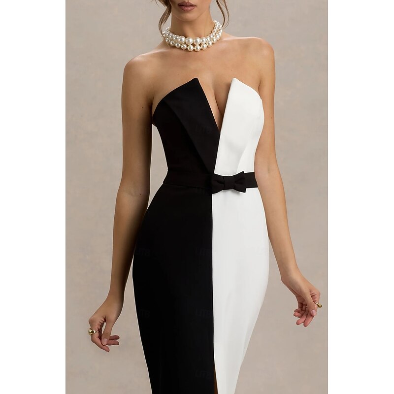 Black and White Mermaid / Trumpet Cocktail Dresses Elegant Dress Formal Wedding Floor Length Maxi Length Strapless Stretch Crepe with Bow(s)2