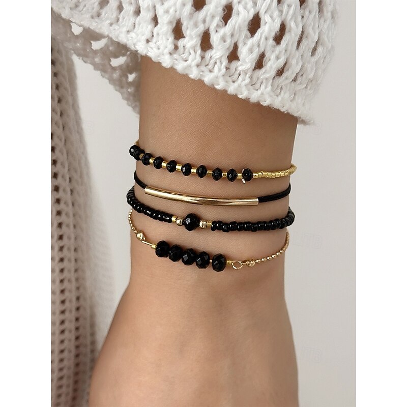 Women's Bohemian black beaded bracelet set, Gold embellishment, Adjustable, Fashionable and trendy jewelry, Suitable for daily wear, Travel and party wear2