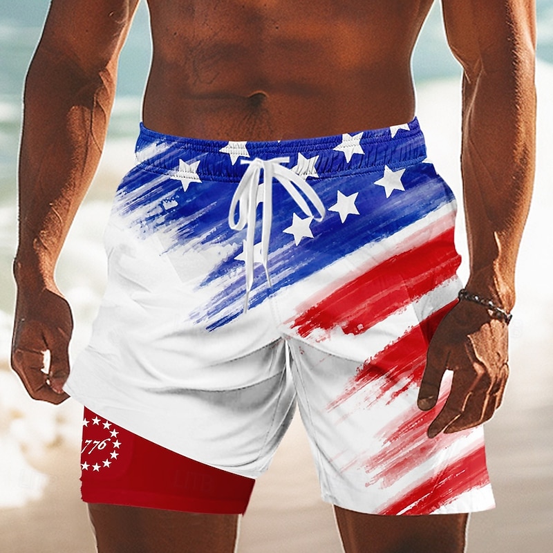 Independence Day Men's American US Flag Patriotic 1776 Lined Shorts 2 in 1 Board Shorts Swim Trunks Mid Waist Holiday Side Pockets With Compression Liner Elastic Drawstring Waist Designer Clothing