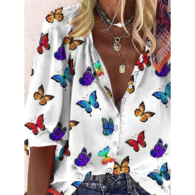 Women's Blouse Long Sleeve Button Down Blouse Graphic Butterfly Tie Dye Bohemia Daily Casual Sleeveless 3/4 Length Sleeve High Neck Regular Tops Buttons Print Black White Summer Spring2