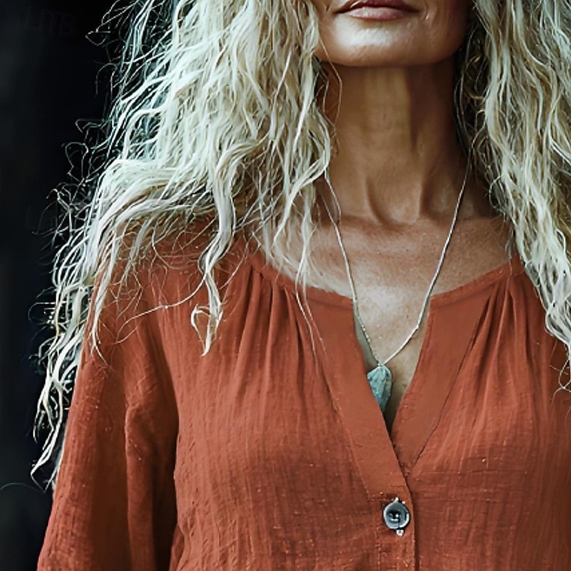 Women's Shirt Cotton Linen Shirts Linen-Inspired Sets Blouse Plain Modern Casual Long Sleeve V Neck Regular Tops Daily Holiday Buttons Orange Summer2