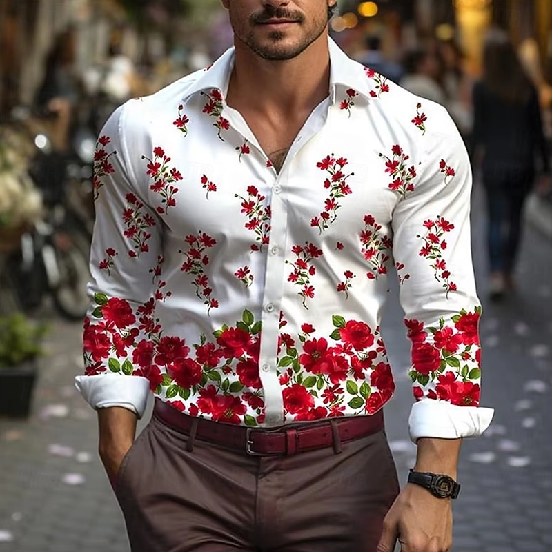 Men's Floral Print Flowers Shirt Button Down Shirt Hawaiian Shirts Long Sleeve Hawaiian Outdoor Vacation Holiday Summer Spring Turndown 3D Print Collared Shirts Red Blue Purple3