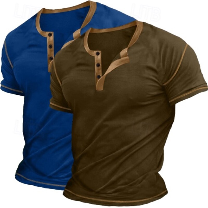 2 Piece Men's Henley Shirt Tee Top Short Sleeve Plain Raglan Sleeve Fashion Designer Basic Button Up  2 Pack Henley Vacation Street Casual Summer All Season2