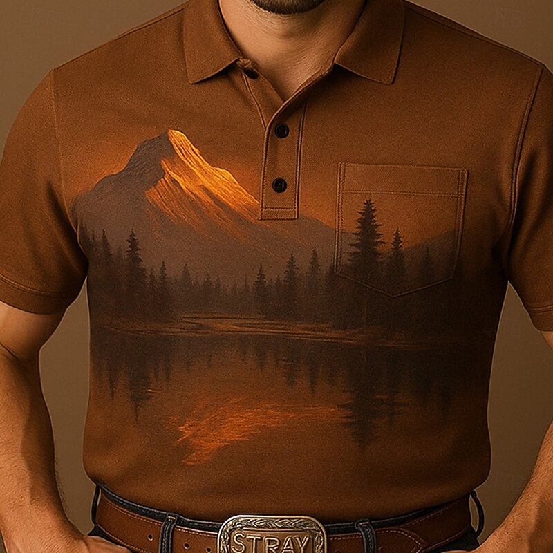 Men's Tree Mountain Polo Short Sleeve Polo Shirts Collared Shirts Casual Western Style Outdoor Athleisure Buttons Pocket 3D Print Summer White Blue Brown4