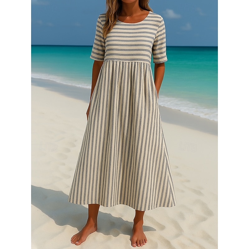 Women's Maxi Dress Sundress Casual Daily Fall Dress Loose Fit Striped Short Sleeve Crew Neck Sky Blue Camel Purple Green Fall3