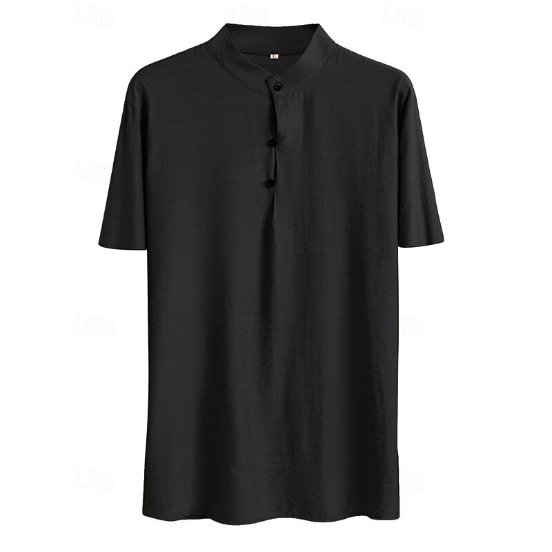 Men's Shirt Popover Shirt Summer Shirt Casual Shirt Beach Shirt Black Brown Short Sleeve Plain Band Collar Vacation Hawaiian Clothing Apparel Polyester Fashion Casual Comfortable4