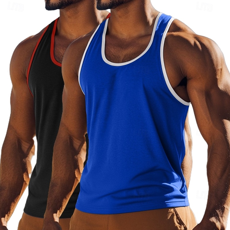 2PCS Men's Tank Top Vest Undershirt Sleeveless Shirt Sleeveless Crew Neck U Neck Summer Solid Color Plain Fashion Sporty Classic Color Block Basic Street Casual Sports Blue+Light Blue Royal Blue+Black3