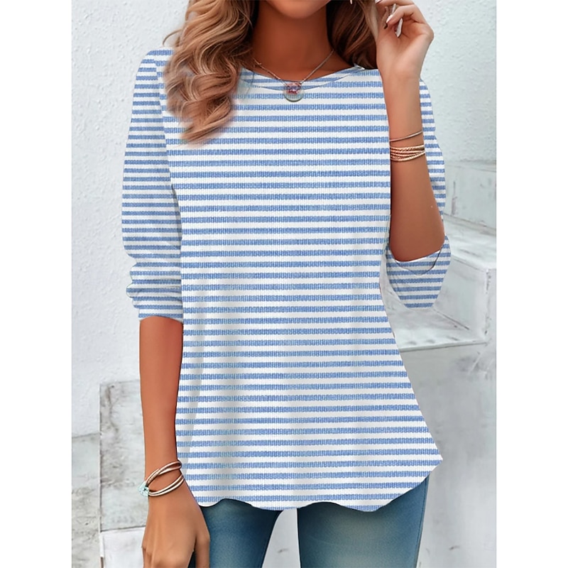Women's T shirt Long Sleeve Crew Neck Long Sleeve Tunic Graphic Striped Elegant Vintage Regular Tops Daily Going out Weekend Print Pink Blue Purple Orange Green Prefall