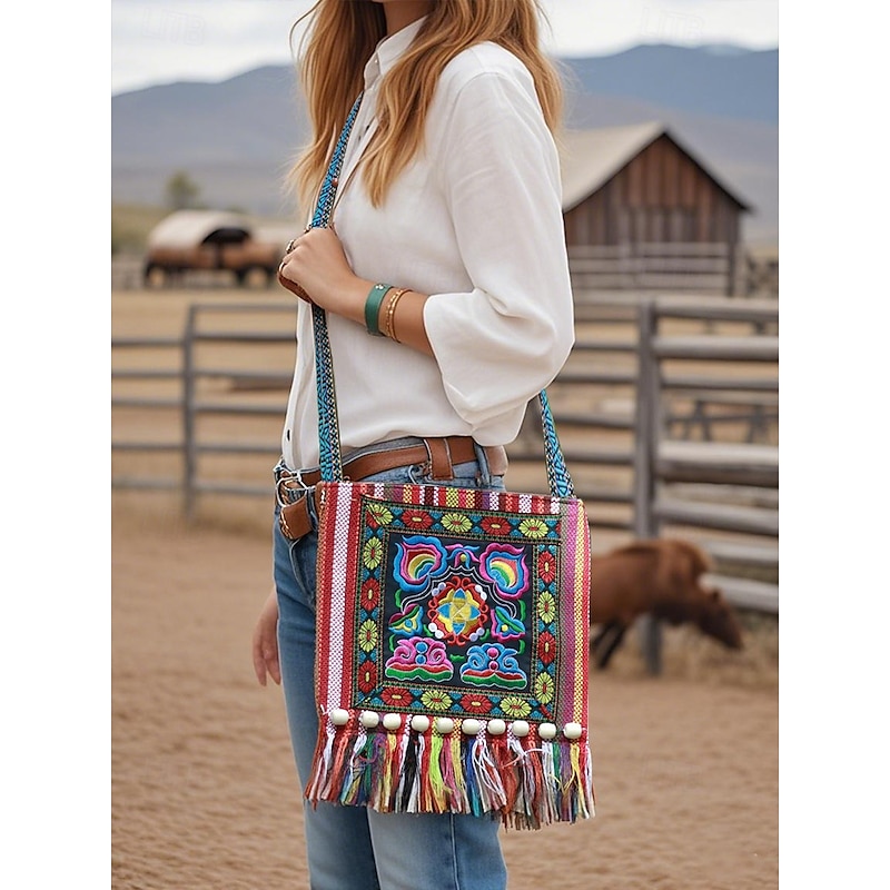 Women's Colorful Boho Embroidered Fringe Crossbody Bag – Ethnic Tribal Canvas Shoulder Purse with Tassels and Wooden Beads for Festivals, Travel and Casual Outings2