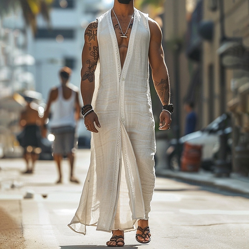 Men's Summer Shirt Casual Shirt Beach Shirt Cotton Shirt White Sleeveless Solid / Plain Color V Neck Vacation Hawaiian Clothing Apparel Fashion Casual Comfortable - Main Image