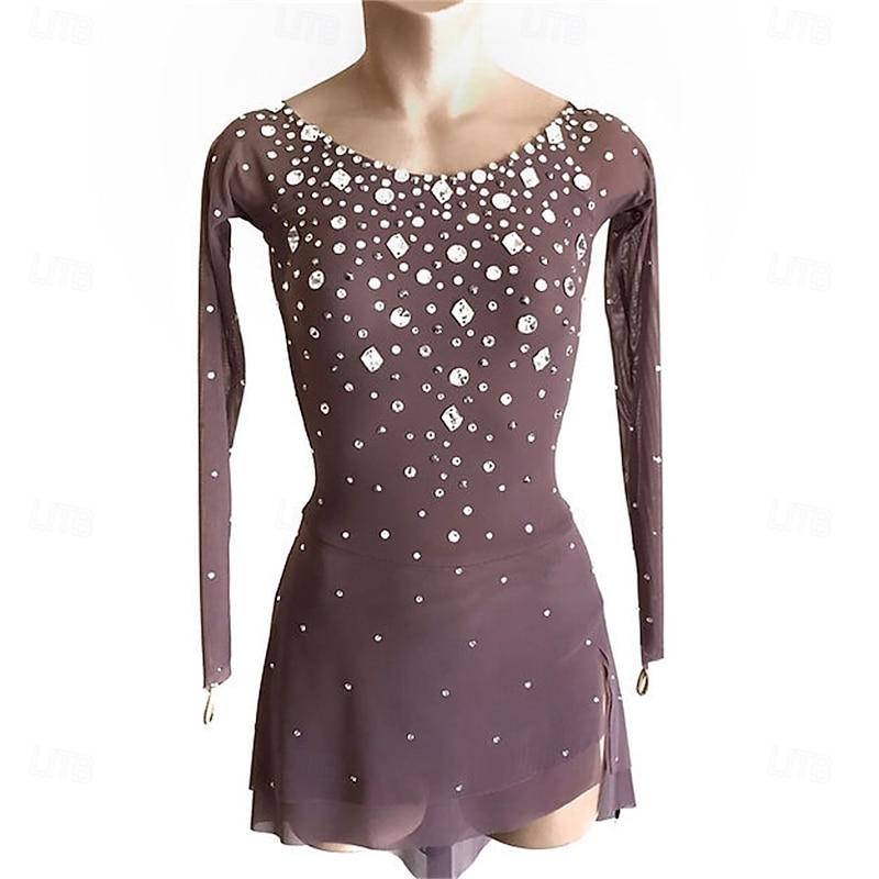 Figure Skating Dress Women's Girls' Ice Skating Dress Navy White Pink Patchwork Open Back Mesh High Elasticity Training Competition Skating Wear Classic Crystal / Rhinestone Long Sleeve Ice Skating3