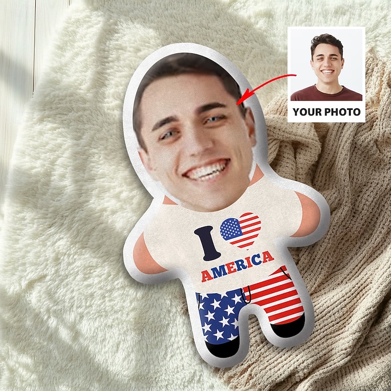 Custom Face Pillow  4th of July Cushions Patriotic Personalized Gift Photo I Love America Independence Day Customized Gift Ideas in Various Sizes with Insert2
