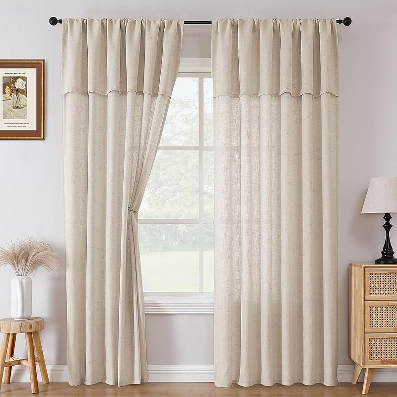 Faux Linen Curtains with Valance Farmhouse Privacy Window Curtain for Living Room Bedroom Ring/Rod Pocket Light Filtering Curtain Drapes 1 Panel 14