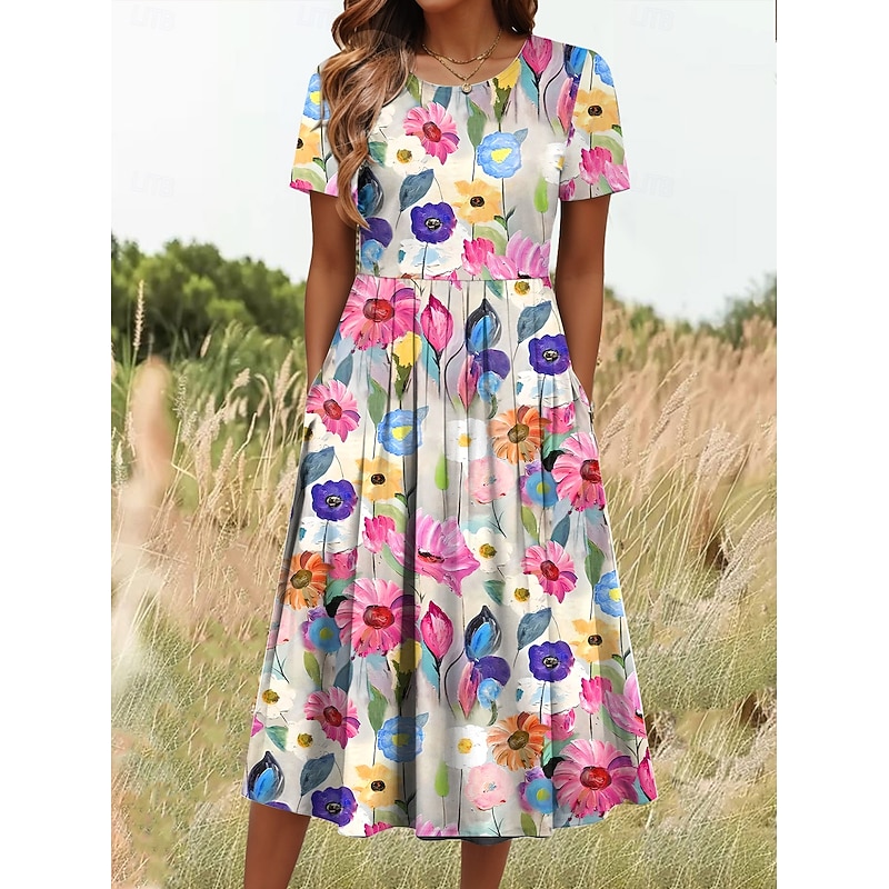 Women's Midi Dress T Shirt Dress Tee Dress A Line Dress Summer Dress Vacation Casual Daily Going out Summer Dress Regular Fit Floral Graphic Half Sleeve Crew Neck White Dark Pink Blue Summer Spring3