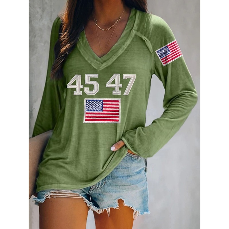 Women's Patriotic Shirt Flag Stylish Casual Long Sleeve V Neck Regular Tops Daily Print White Red Blue Green  Spring Prefall3
