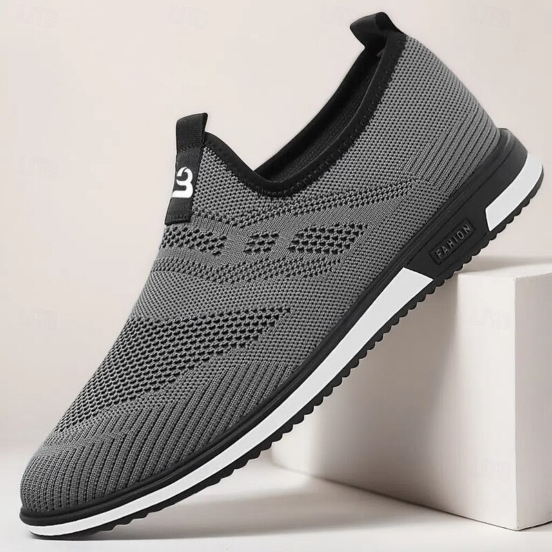 Men's Grey Knit Slip-On Sneakers with Elastic Fit - Breathable, Flexible Footwear for Running, Sports and Active Lifestyles