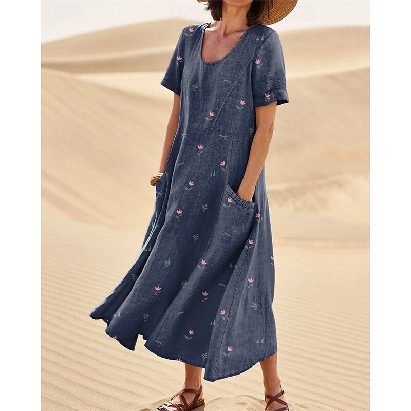 Women's Long Dress Maxi Dress Casual Dress Swing Dress Summer Dress Elegant Fashion Romantic Outdoor Party Holiday Regular Fit Flower Short Sleeve Crew Neck White Navy Blue Dark Green Summer2