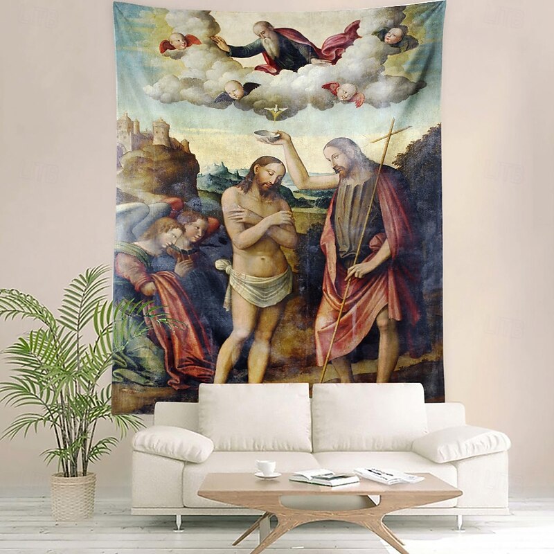 Medieval Tapestry Middle Age Tapestry Religious Art Large Mural Decor Photograph Backdrop Home Bedroom Living Room Decoration The Baptism of Christ3