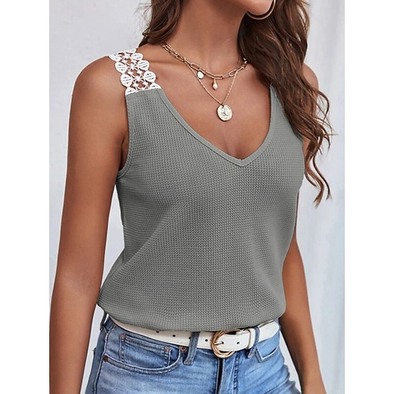 Women's Camisole Tank Top Solid Color Daily Casual Sleeveless V Neck Regular Tops Daily Lace Patchwork Black Pink Apricot Gray Summer
