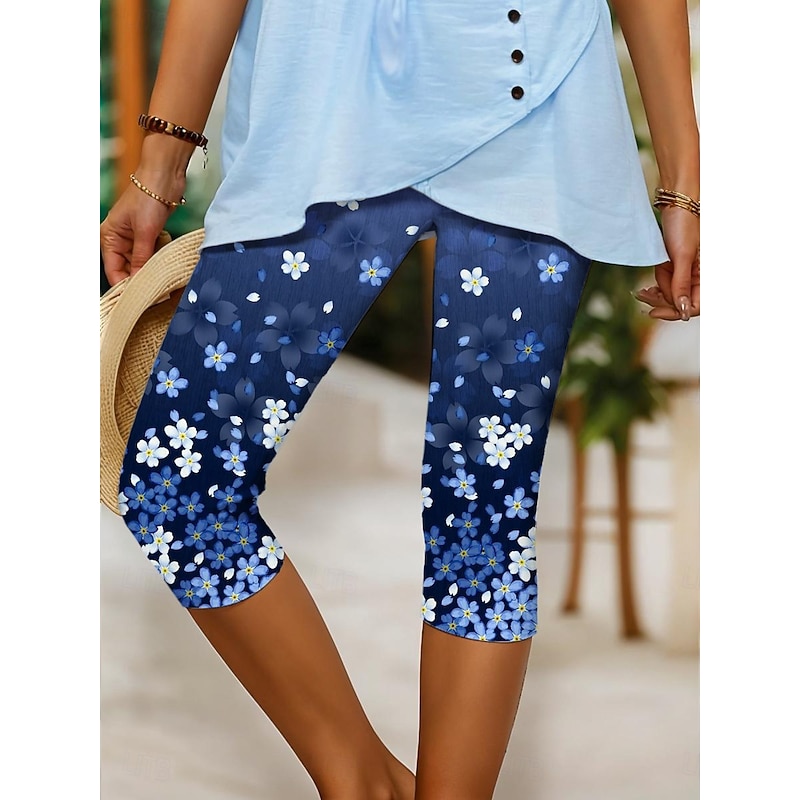 Women's Capri Pants Leggings Vacation Vintage Fashion Calf-Length High Waist Floral Graphic Color Block Printing Breathable Soft Stretchy Outdoor Vacation Street Silver Pinky Cobalt Blue Summer Spring3
