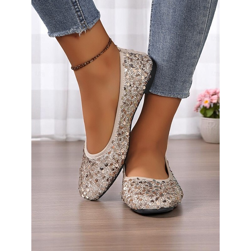 Women's Beige Sequin Ballet Flats - Comfortable and Chic Flats for Daily Dates and Casual Outings